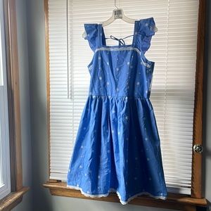 Blue smocked midi dress with embroidered flowers